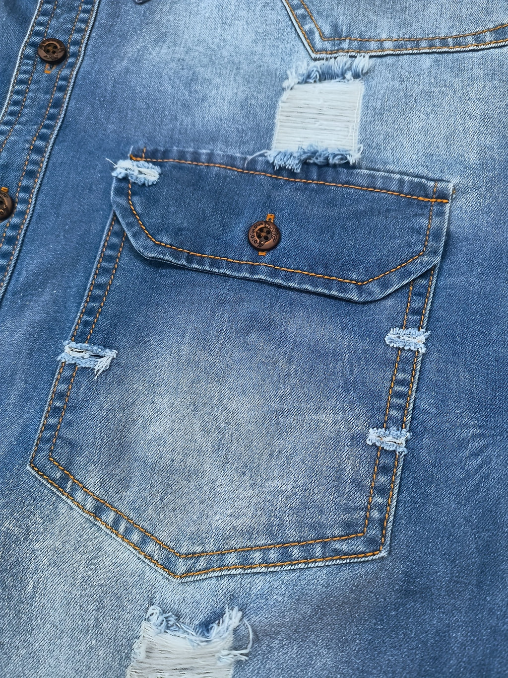 025 Autumn Men's Long-Sleeve Denim Shirt, Fashionable Golden Yellow Distressed Vintage Style, Regular Fit, Dual Pockets, Versatile for Layering or Wearing Alone, Cotton Material, Trendy Design, Suitable for Casual Outings, New Lapel-Collar Top - Sea Blue