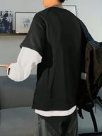 Round Neck 2-in-1 Look Sweatshirt Men's Spring/Autumn New Loose Fit Versatile Casual Long Sleeve Color Block T-Shirt Top - Black