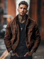 Men's Casual Long Sleeve Shirt Autumn Winter Solid Color Corduroy Zip-Up Jacket Vintage Style Top - Coffee Color