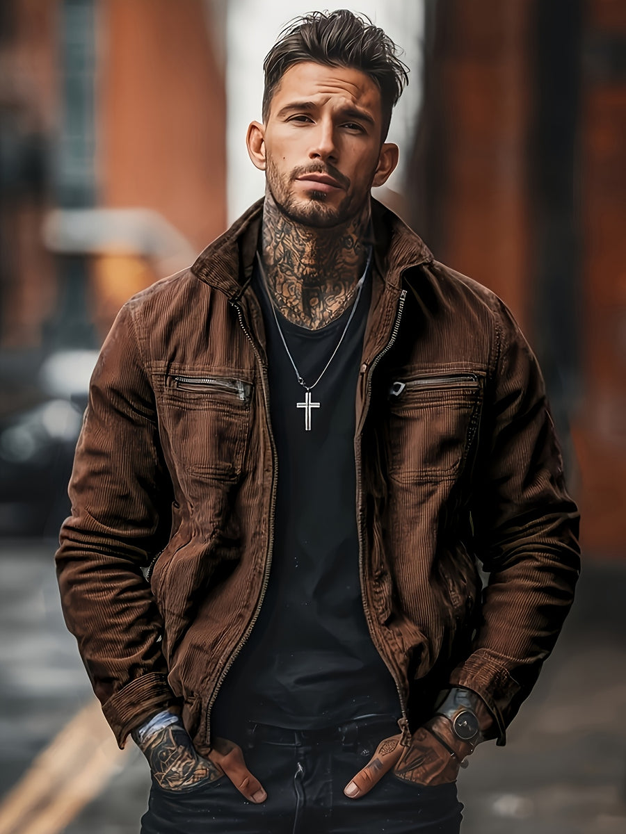 Men's Casual Long Sleeve Shirt Autumn Winter Solid Color Corduroy Zip-Up Jacket Vintage Style Top - Coffee Color