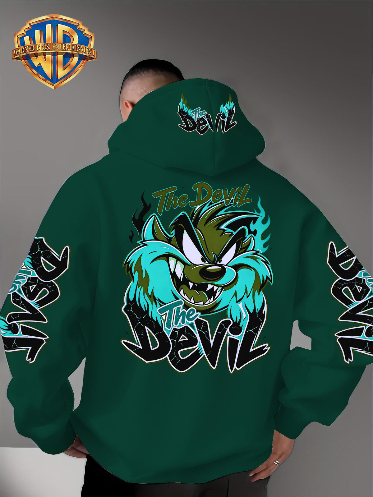 Le Yitong Big Mouth Monster The Devil Flame Print Hoodie, with Sleeve Print Design, Kangaroo Pouch And Drawstring Hood, Suitable for Autumn/Winter Casual Wear And Outdoor Activities - Green