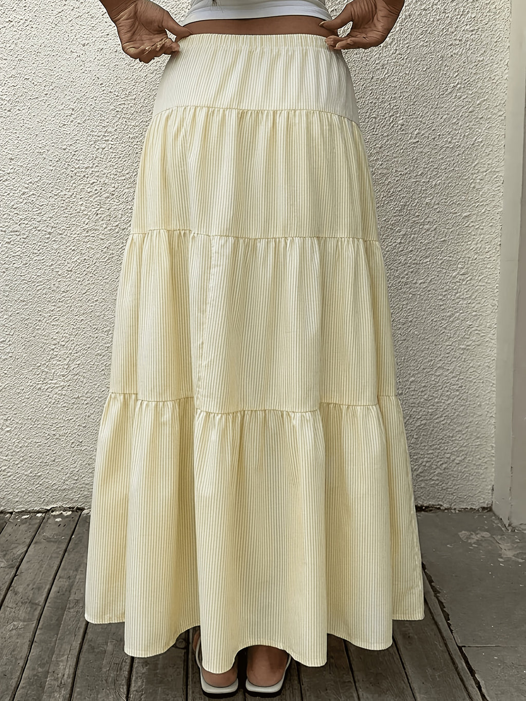 Women's Summer Casual Commuter Style Long Vintage Preppy Striped Yellow Skirt, Suitable for Easter Parties, Summer Vacation Casual Wear, Beach Outings, Leisure Vacations, Gatherings, Tea Parties, and Festive Events - 【Light Yellow】