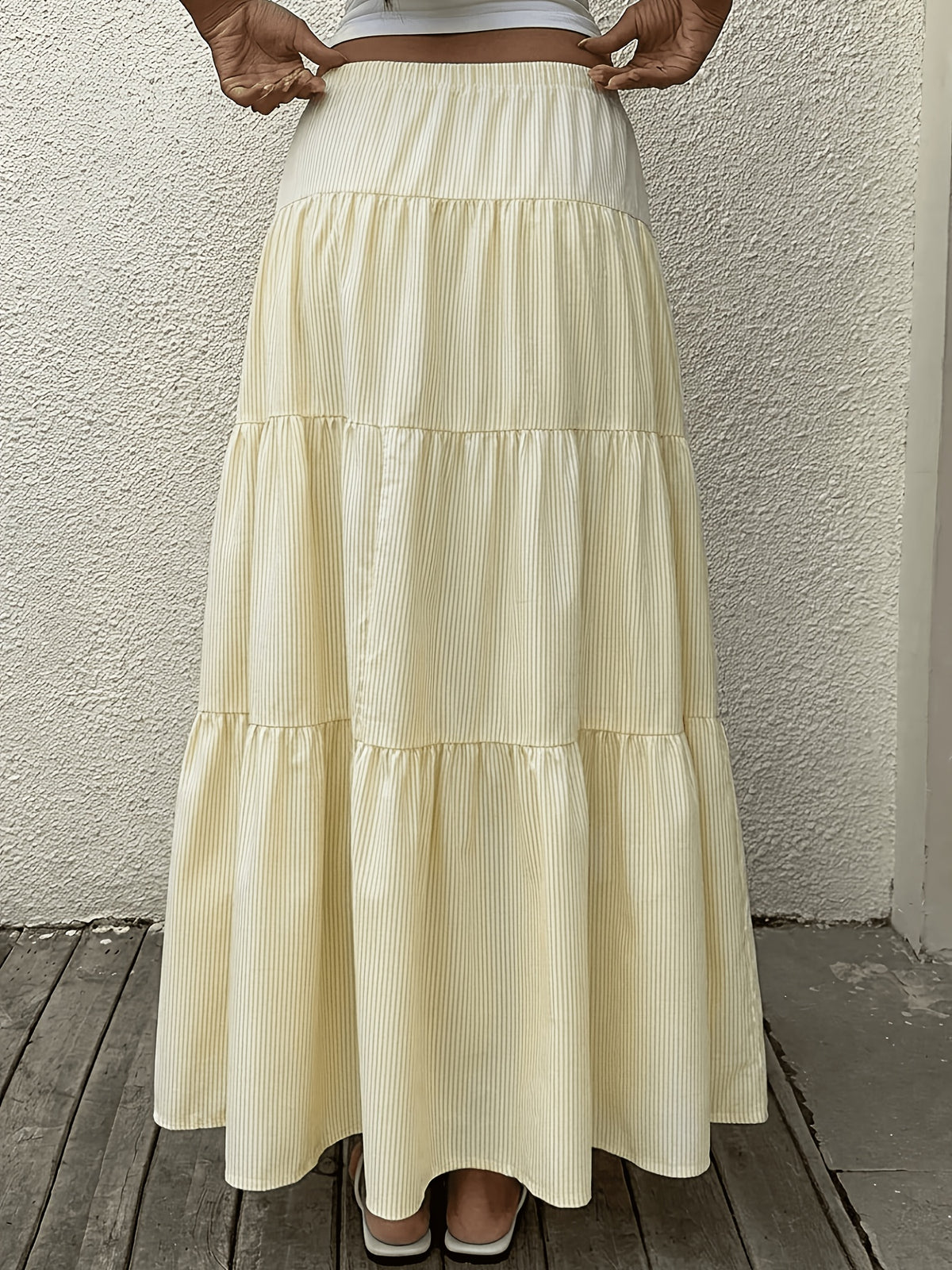 Women's Summer Casual Commuter Style Long Vintage Preppy Striped Yellow Skirt, Suitable for Easter Parties, Summer Vacation Casual Wear, Beach Outings, Leisure Vacations, Gatherings, Tea Parties, and Festive Events - 【Light Yellow】