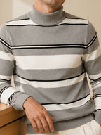 [Whale-Crossing Lan OBM] Spring/Autumn New Men'S Knit Pullover Sweater, Old Money Style Color-Block Long Sleeve High-Neck Knit Pullover for Men, Business Casual Fashion Ribbed Sweater, Suitable for Spring, Autumn, Winter Layering Or Inner Wear - Khaki 1