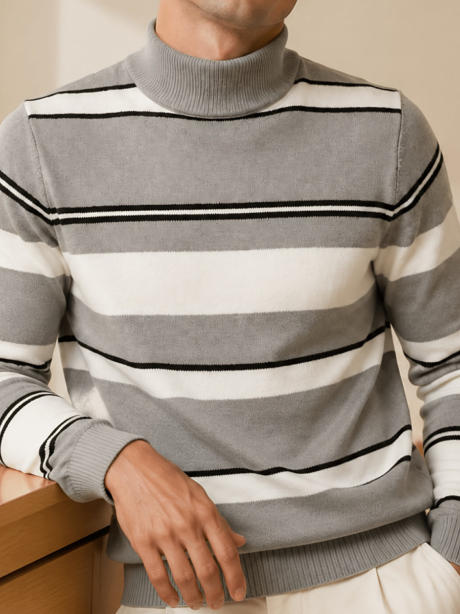 [Whale-Crossing Lan OBM] Spring/Autumn New Men'S Knit Pullover Sweater, Old Money Style Color-Block Long Sleeve High-Neck Knit Pullover for Men, Business Casual Fashion Ribbed Sweater, Suitable for Spring, Autumn, Winter Layering Or Inner Wear - Khaki 1