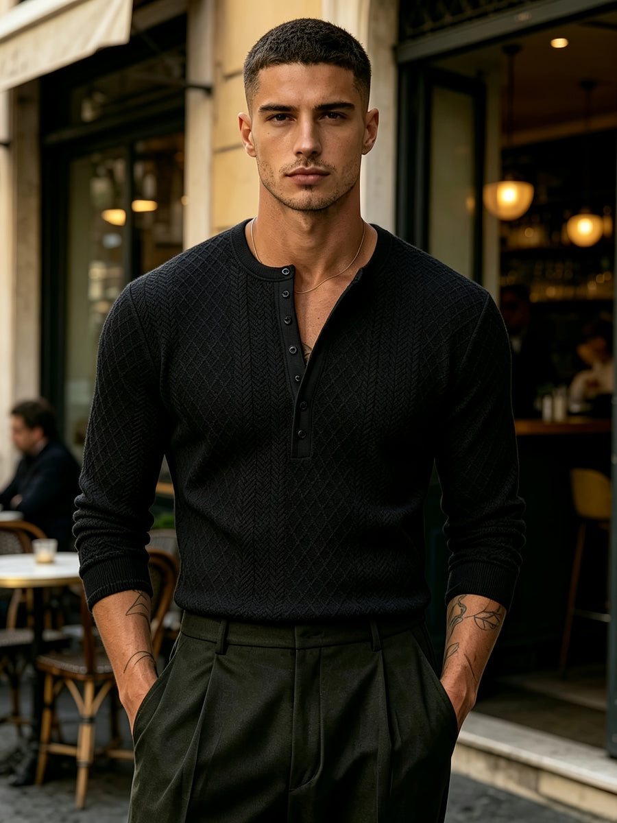[Josh Mei OBM] Fall Winter Men'S Diamond Jacquard Henley Long Sleeve Sweater, Half-Button Placket Slim Fit Versatile Pullover Top, Suitable for Office, Street And Weekend Casual Wear Soft Knit Top, Multi-Color Options - Black