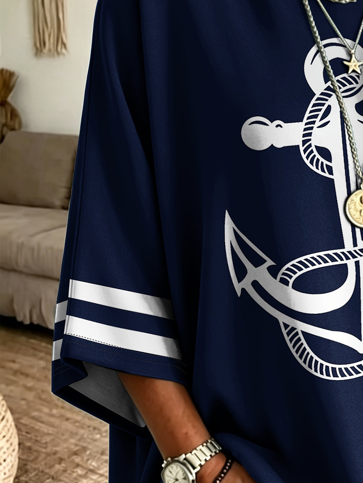 Plus Size Anchor Print Oversized Sweatshirt, Women'S Navy 3/4 Sleeve Western Nautical Striped Top, Loose Casual Body-Covering All-Match Pullover (No Additions) - Navy Color