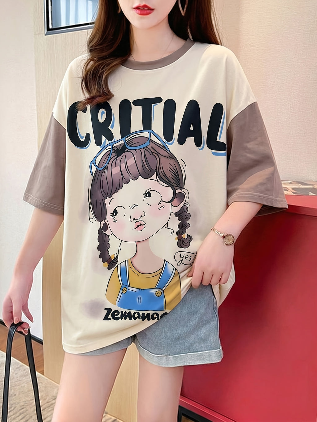 Summer New Fashion Trend Large Size Women'S Slim Loose Medium Long Cartoon Short-Sleeved T-Shirt - Khaki
