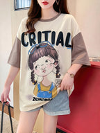 Summer New Fashion Trend Large Size Women'S Slim Loose Medium Long Cartoon Short-Sleeved T-Shirt - Khaki