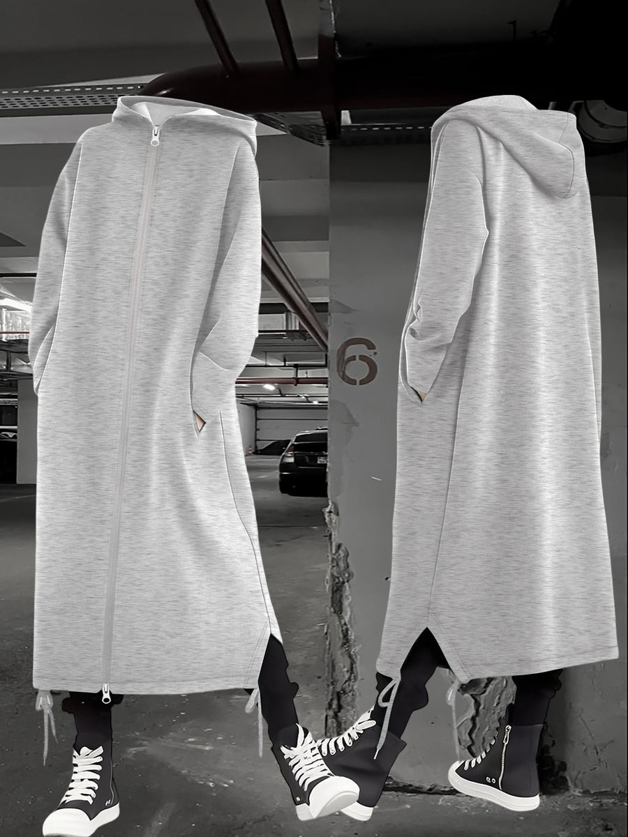 Women's Autumn & Winter Casual Fashion Trendy Long Hoodie Coat: Draping Loose Drawstring Style, Soft Comfy Casual Minimalist Versatile for Daily Use - Grey