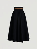 Solid High-Waist Metallic Buckle Skirt with Belt, Fall Winter Skirt, Back-To- Season, Autumn Wedding Guest Dress, Party, Old Money Style, Elegant, Office Workwear Women'S Dress, Brunch, Back-To, Business Casual Women'S Clothing - Black