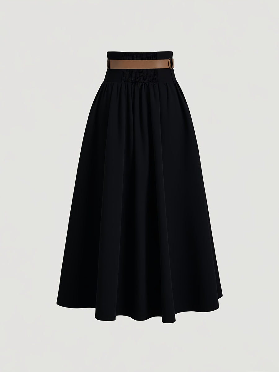 Solid High-Waist Metallic Buckle Skirt with Belt, Fall Winter Skirt, Back-To- Season, Autumn Wedding Guest Dress, Party, Old Money Style, Elegant, Office Workwear Women'S Dress, Brunch, Back-To, Business Casual Women'S Clothing - Black