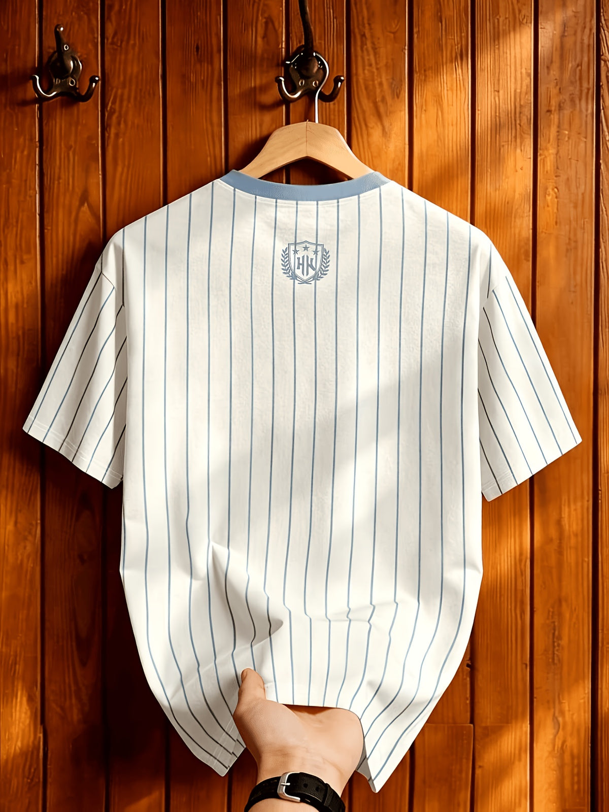 [Print Design-Not Textured] Summer Casual Striped Men'S T-Shirt, Contrast Shoulder Stripes Wheat Shield Print Breathable All-Match Round Neck Short Sleeve Top - Mixed colors