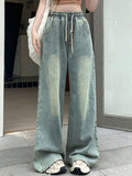 Women's Elegant Distressed Wide-Leg Pants with Belted Waist - Washed Straight Leg Jeans, Mid-Rise Length for Fall, Casual & Dressy Outfits (Non-Stretch) - Light Blue