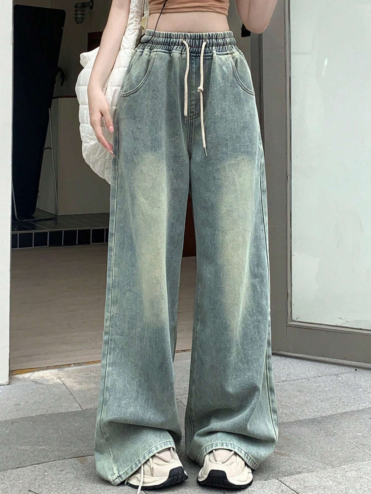 Women's Elegant Distressed Wide-Leg Pants with Belted Waist - Washed Straight Leg Jeans, Mid-Rise Length for Fall, Casual & Dressy Outfits (Non-Stretch) - Light Blue