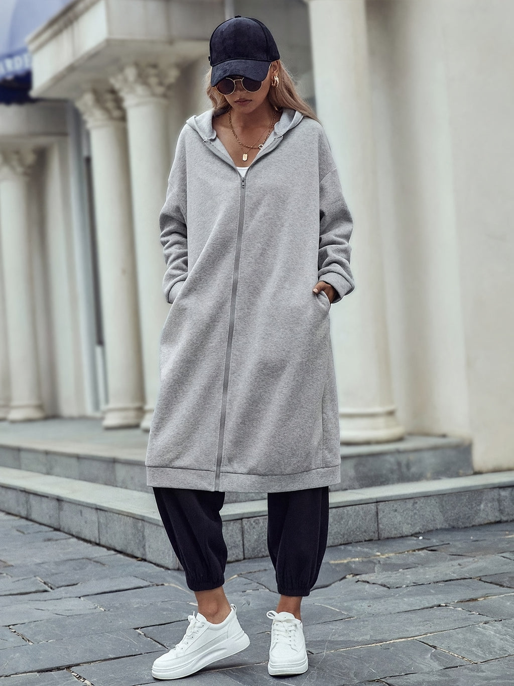 Autumn Zip-Up Long Sleeve Hoodie, Streetwear Daily Casual Zip-Up Pullover - Grey