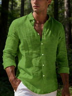 Men's 100% Pure Cotton Lapel Button-Up Long Sleeve Shirt, 2pcs Set. A Versatile Casual Top for Spring and Autumn, Suitable for Daily Wear. The Fabric Is Comfortable and Breathable, Making It Perfect for Beach Vacations and Everyday Outings - Green+Orange