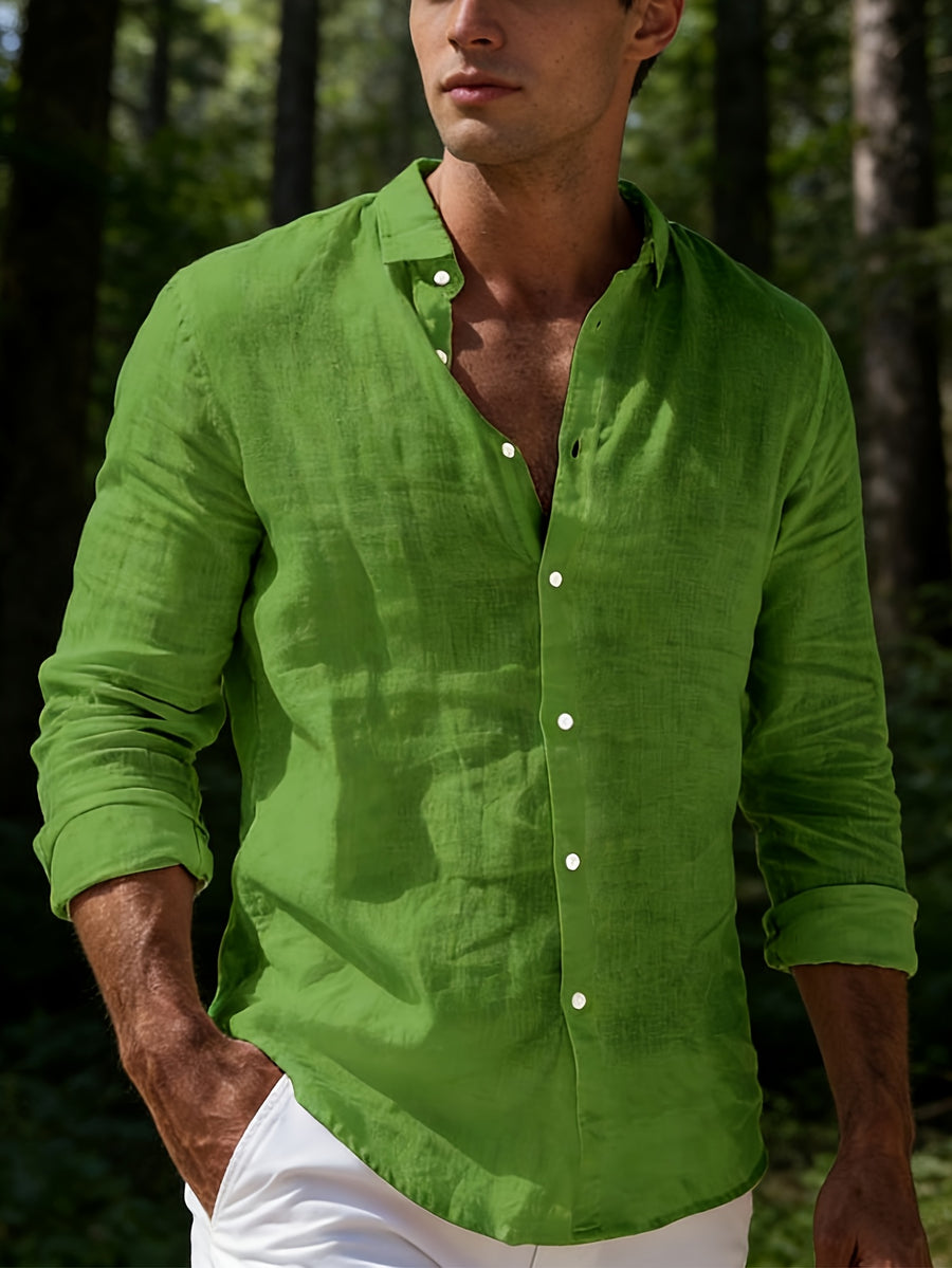 Men's 100% Pure Cotton Lapel Button-Up Long Sleeve Shirt, 2pcs Set. A Versatile Casual Top for Spring and Autumn, Suitable for Daily Wear. The Fabric Is Comfortable and Breathable, Making It Perfect for Beach Vacations and Everyday Outings - Green+Orange