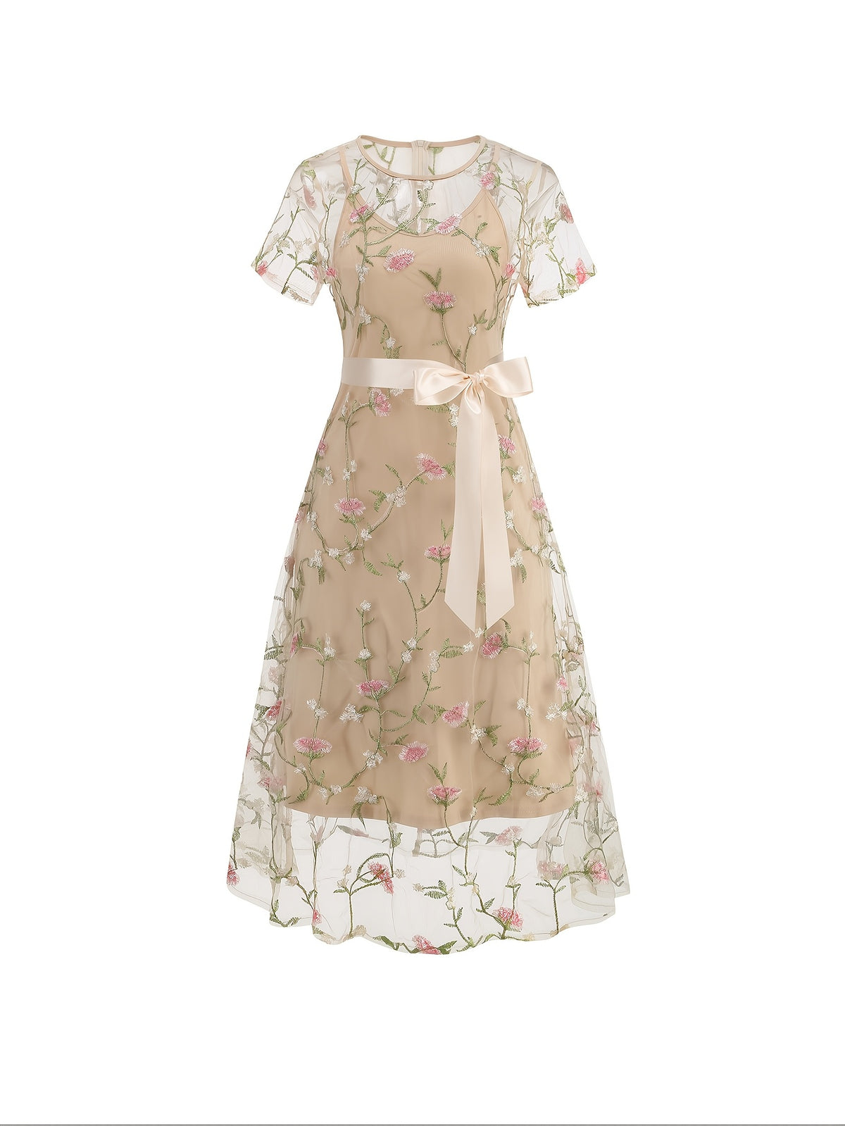 Ladies' Elegant Vintage Mesh Embroidered 50S Belt Vintage Commuter Suit Dress - Khaki