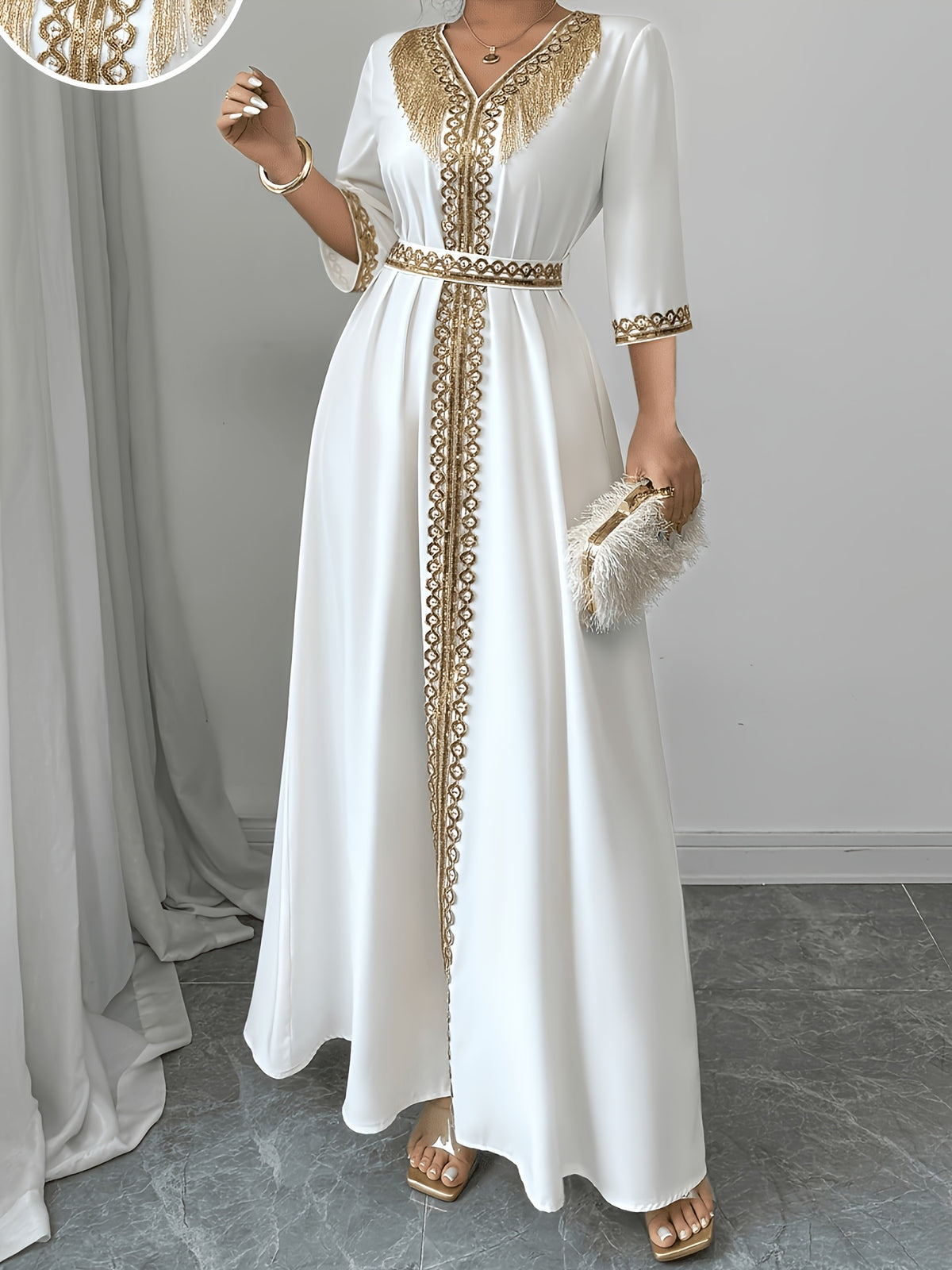 2026 New Abaya Robe Style Kimono Sleeve Long Dress V-Neck Caftan Robe Wrap Style Front Panel High Waist Empire Line Floor Length Dress Golden Lace Trim Sequined Embroidery Golden Bead Trim Golden Contrast Ruffle Tie Waist Skirt Muslim Fashion Arabic - Off-white