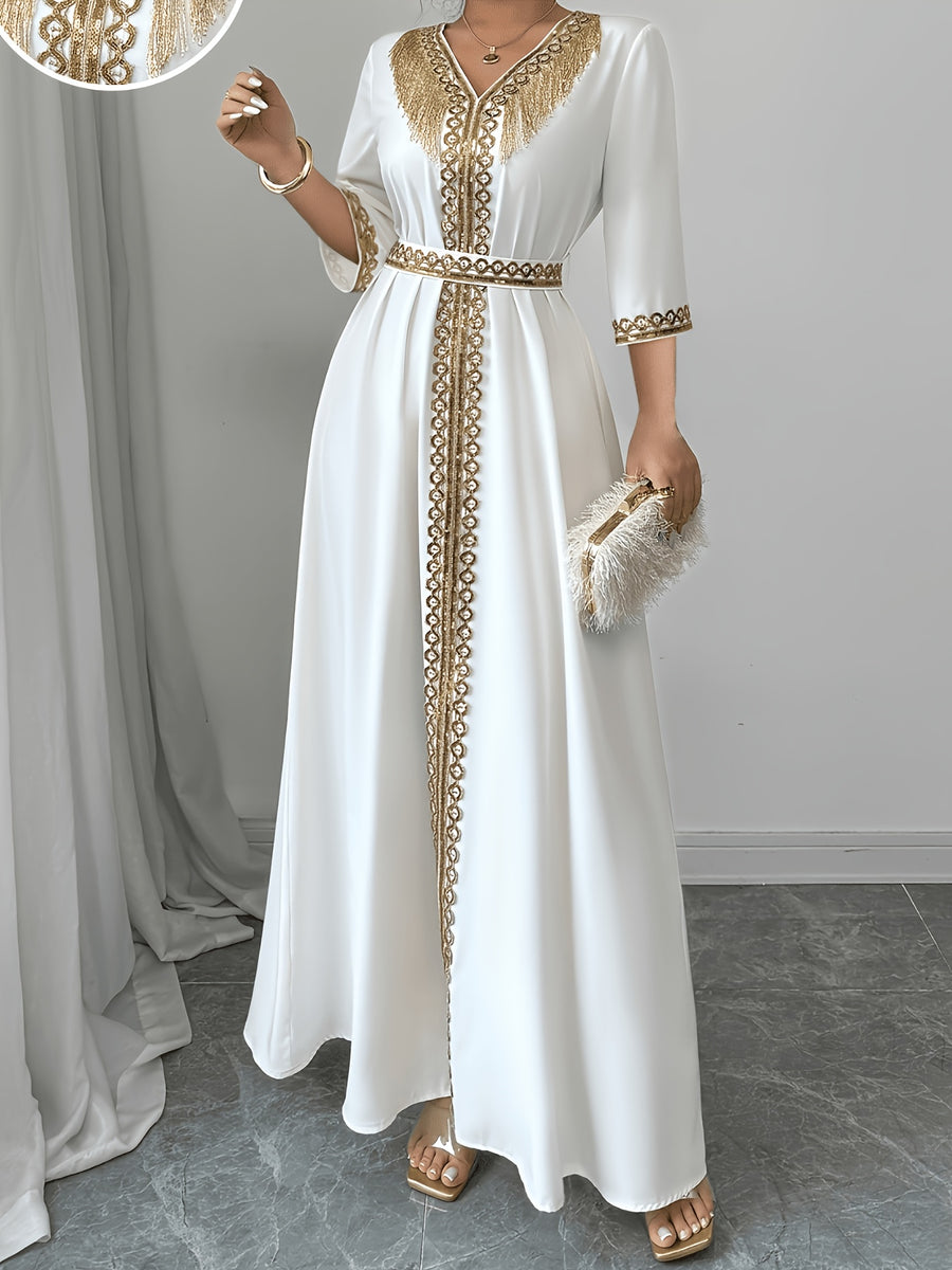 2026 New Abaya Robe Style Kimono Sleeve Long Dress V-Neck Caftan Robe Wrap Style Front Panel High Waist Empire Line Floor Length Dress Golden Lace Trim Sequined Embroidery Golden Bead Trim Golden Contrast Ruffle Tie Waist Skirt Muslim Fashion Arabic - Off-white