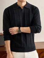 Men's Solid Color Lapel Polo Sweater - Thick Warm Knit Pullover with Lapel Collar, Long Sleeve Winter Sweater Suitable for Fall/Winter, Casual Office Wear, Basic Knitwear for Layering (Hand Washable) - Black
