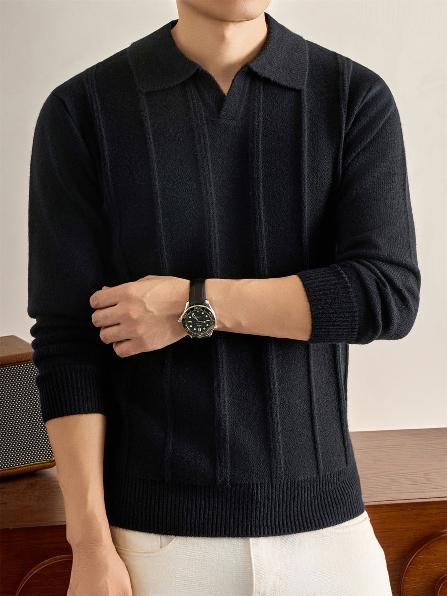 Men's Solid Color Lapel Polo Sweater - Thick Warm Knit Pullover with Lapel Collar, Long Sleeve Winter Sweater Suitable for Fall/Winter, Casual Office Wear, Basic Knitwear for Layering (Hand Washable) - Black