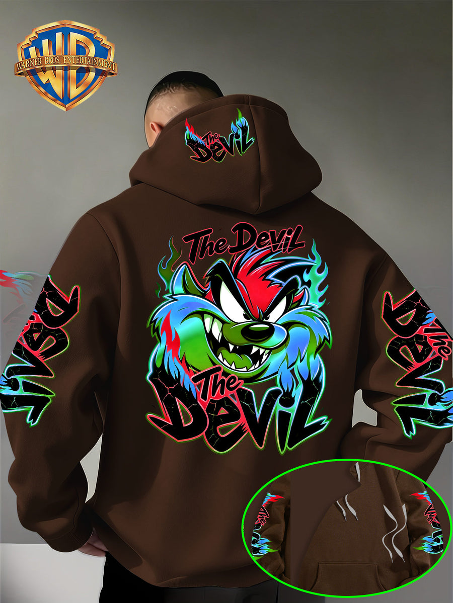 Le Yitong Flame Style Color-Block Graffiti Big Mouth Monster The Devil Print Hoodie, with Sleeve Print Design, Kangaroo Pouch And Drawstring Hood, Suitable for Autumn/Winter Casual Wear And Outdoor Activities - Coffee Color