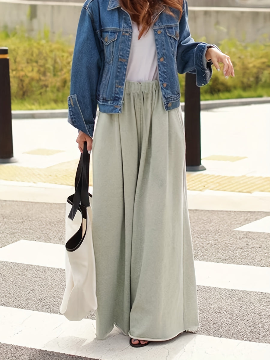 Casual Solid Drawstring Waist Wide Leg Pants - Grey