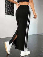 Women'S Fashion Solid Color Stretch High-Waist Back Slit Long Skirt A-Line Silhouette with Elastic Waistband - Black