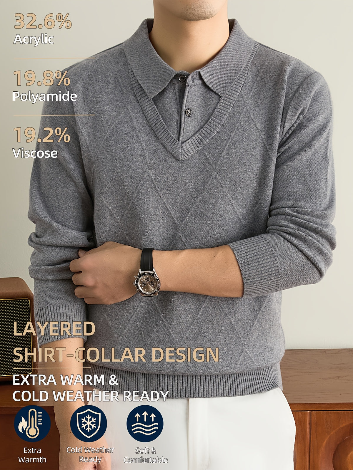 Men's Grey Polo Sweater, Faux 2pcs Shirt-Collar Design, V-Neck & Subtle Diamond Knit Pattern, Classic Refined Style, Warm Autumn Winter Pullover for Casual Wear, Golf & Outdoor Activities - Light Grey