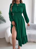 Autumn-Winter Elegant Solid Color Round Neck Long Sleeve Waist-Gathered Ruffle Hem Maxi Dress - Dark Green