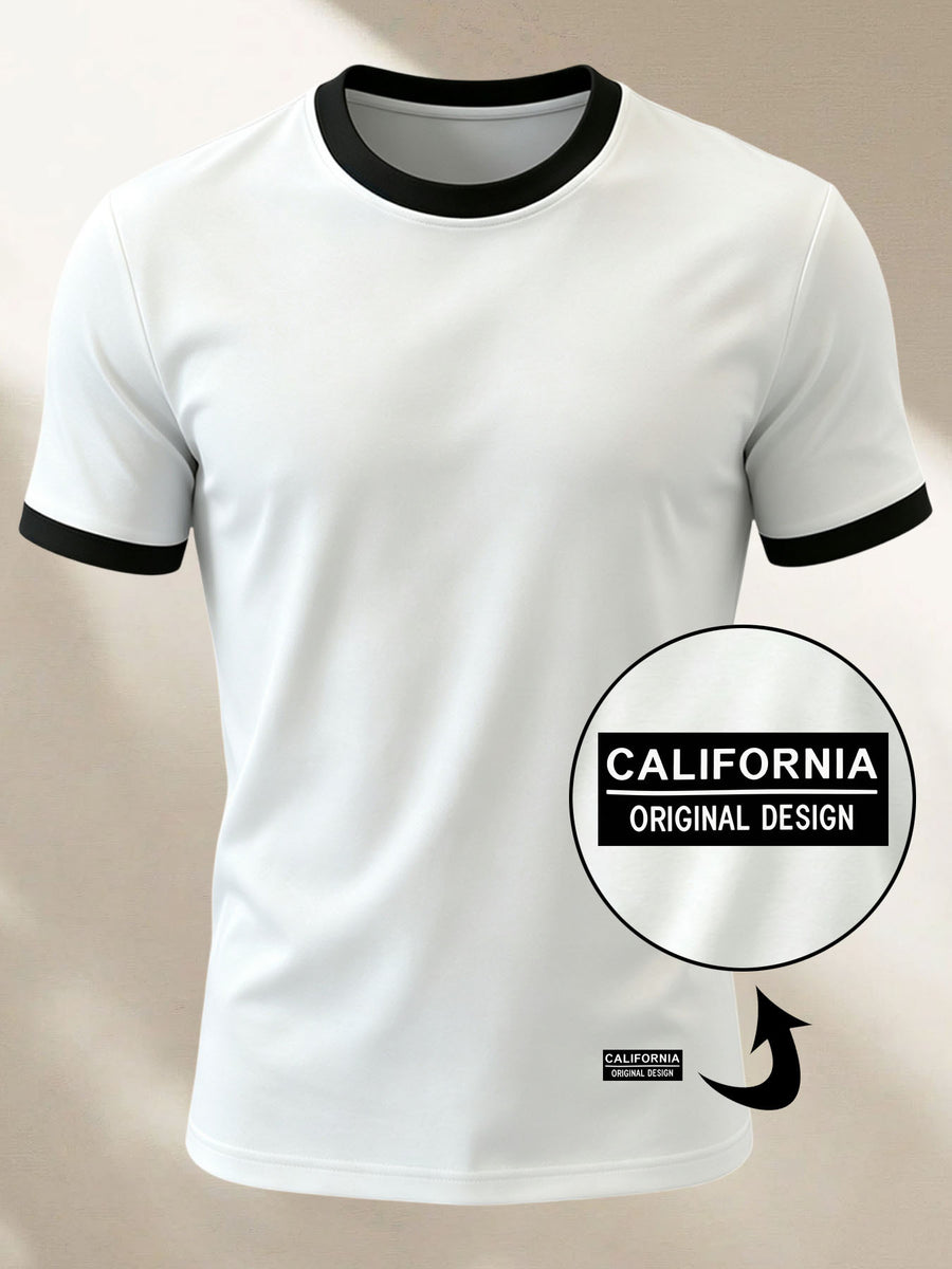 100% Cotton Men's Knitted Color-Block Crew Neck Patched T-Shirt, Summer All-Season Base Layer, Factory-Made for Men, Comfortable, High Quality, High Fit Rate, Casual Sportswear with Contrast Hem and Patch Appliqué - White and Black ZZ011
