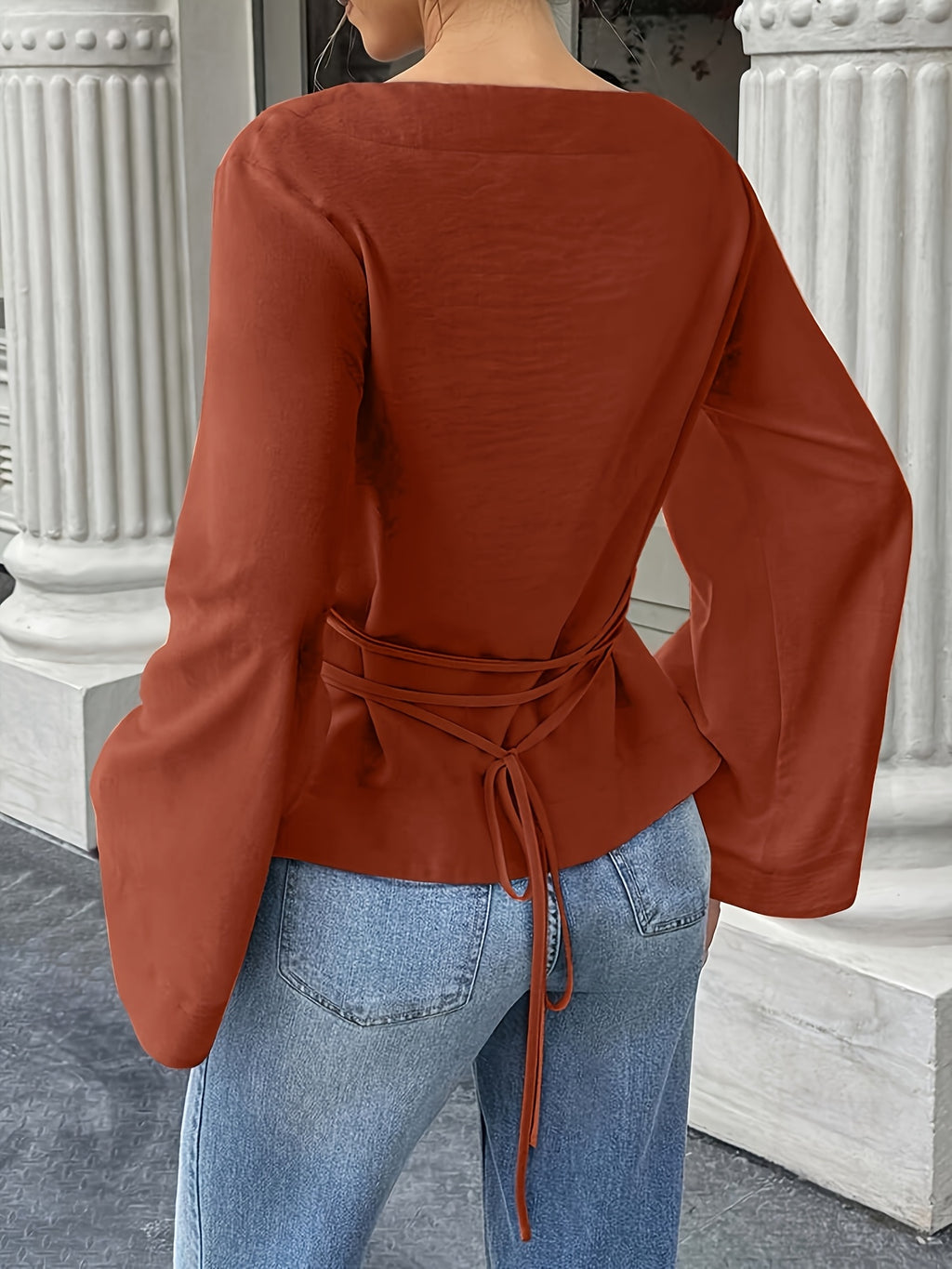 Women'S Solid Back Tie Flared Sleeve Blouse - Brown