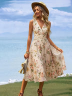 Elegant Exquisite Fashionable Women'S Dress Bridesmaid Dress, Sexy V-Neck Waist Shirred Waist Cinching Design, Draping Chiffon Pleated A-Line Hem, Back Invisible Zipper Design, Suitable for Daily Commute Dating Wedding Vacation Wear - Multicolor