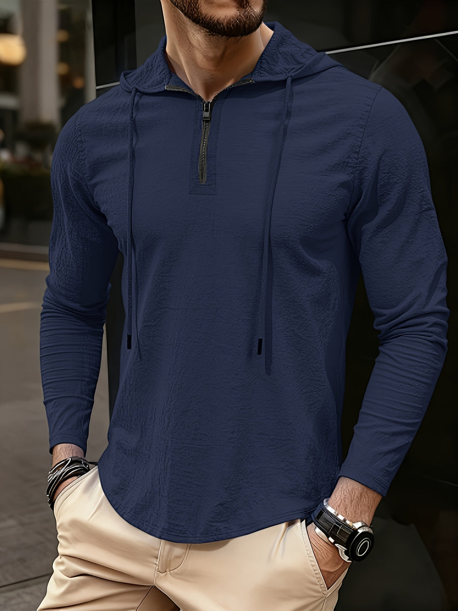 Men's Casual Vacation Style Half-Zip Hoodie, Lightweight and Breathable Material, for Outdoor Streetwear and Beachside Leisure Wear - Navy Color