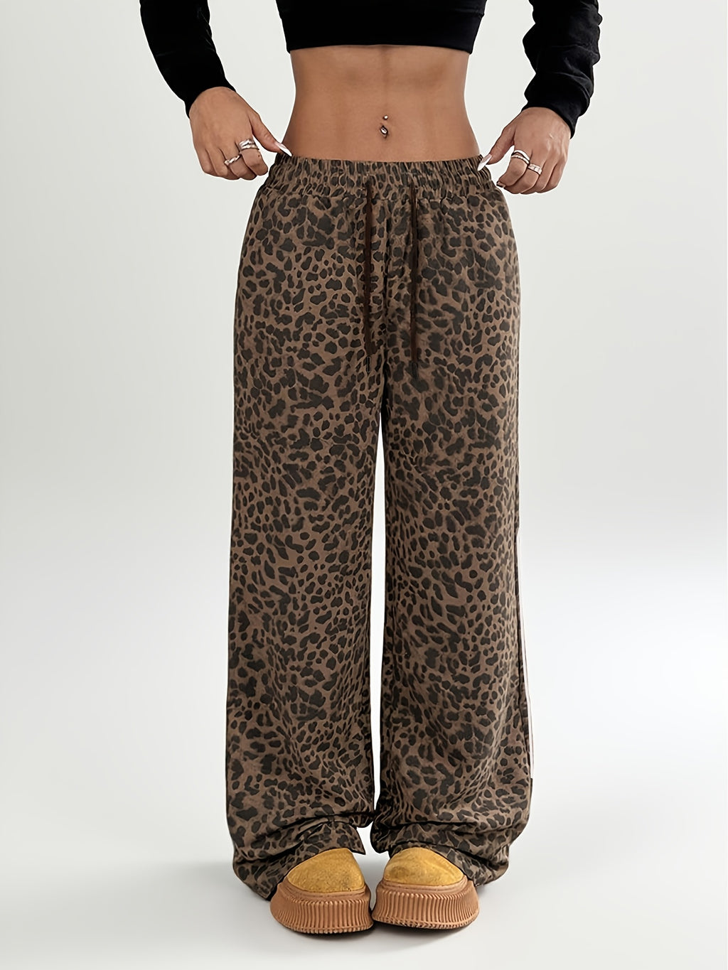 1pc Women's Wide-Leg Trousers with Elastic Waist & Vintage Leopard Print - Double-Bar Wide Pants Suitable for Fitness, Gym, Casual Wear, Smooth Breathable Fabric, Spring Summer Fall Outfits, Machine Washable for Daily Outings - Leopard Print