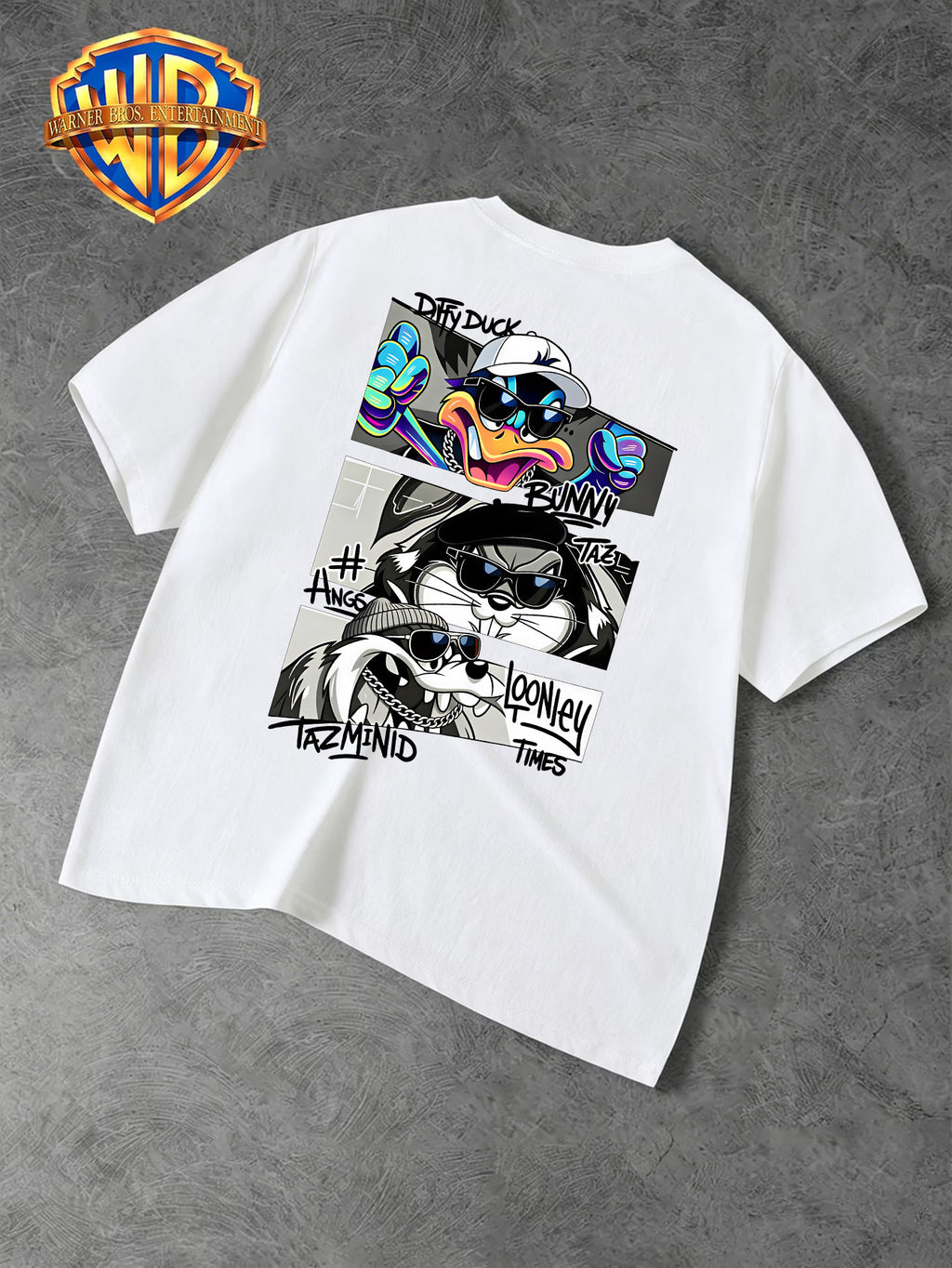 Warner Bros. Official Men's Casual T-Shirt with Double-Sided Print, Featuring a Spliced  Character Streetwear Graphic. Breathable and Comfortable, Versatile for Casual Wear. Print Is Durable, Crack-Resistant, Machine Washable, and Fade-Resistant. - White