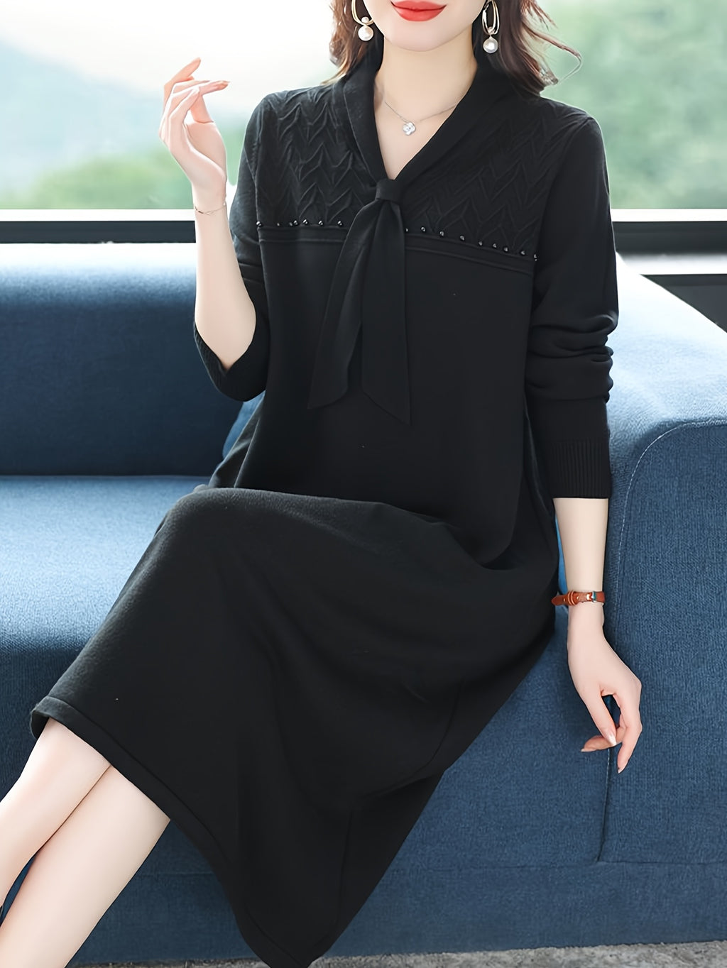 Solid Mid-Length Sweater Skirt Women'S 2026 Autumn Winter New Loose All-Match Temperament Age-Reducing Sweater Dress - Black