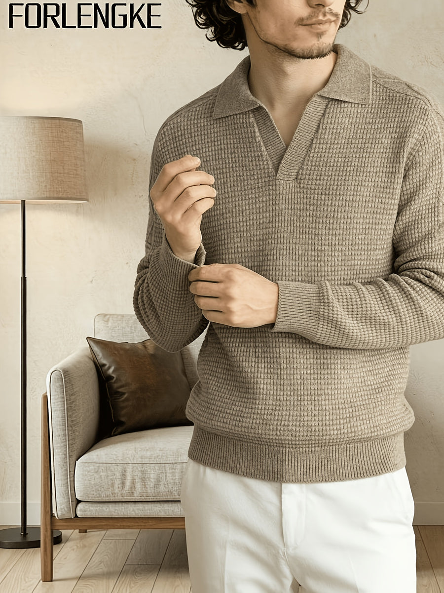 FORLENGKE Men'S Business Casual Lapel V-Neck Knit Sweater, Soft Warm Textured Long Sleeve Pullover Tops for Autumn Winter Office Daily Wear - Clip Flower Coffee