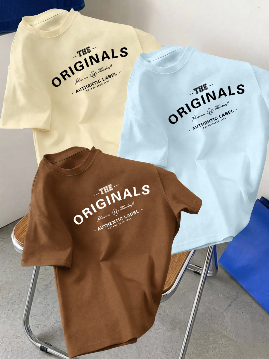 3pcs Set Men's Pure Cotton Short-Sleeve Crew Neck T-Shirt with Letter Print Pattern, Casual, Comfortable, Soft, Breathable, Essential for Summer - Coffee Brown + Light Blue + Apricot