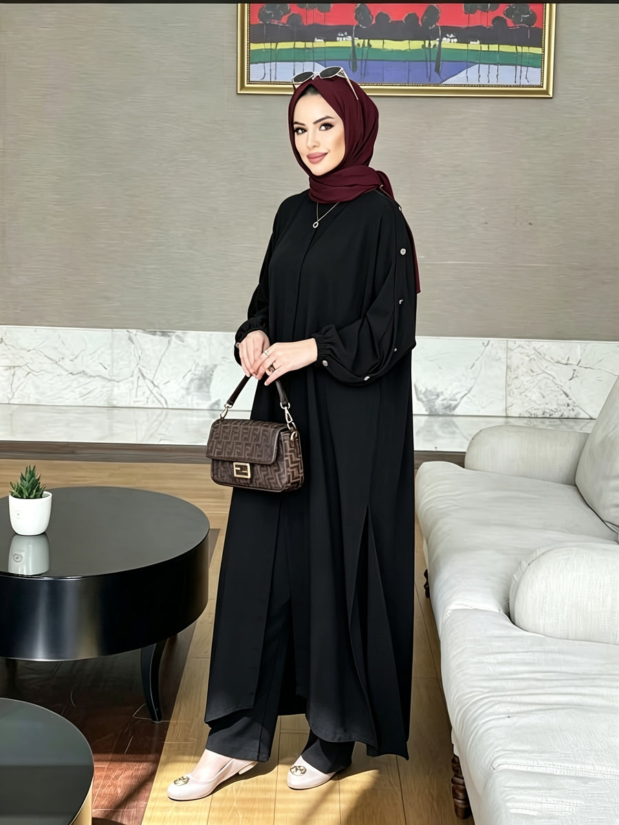 2026 New Loose, Casual And Fashionable, Commuting All-Purpose Long Two-Piece Set with Round Neck And Golden Button Pocket Design - 8075 Black