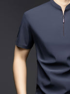 Summer Men'S Short Sleeve T-Shirt, Classic Mandarin Collar with Half Zipper, Smooth And Wrinkle-Resistant, Self-Cooling, Good Drape, Essential Top for Daily, Dating, And Light Business - Dark Gray