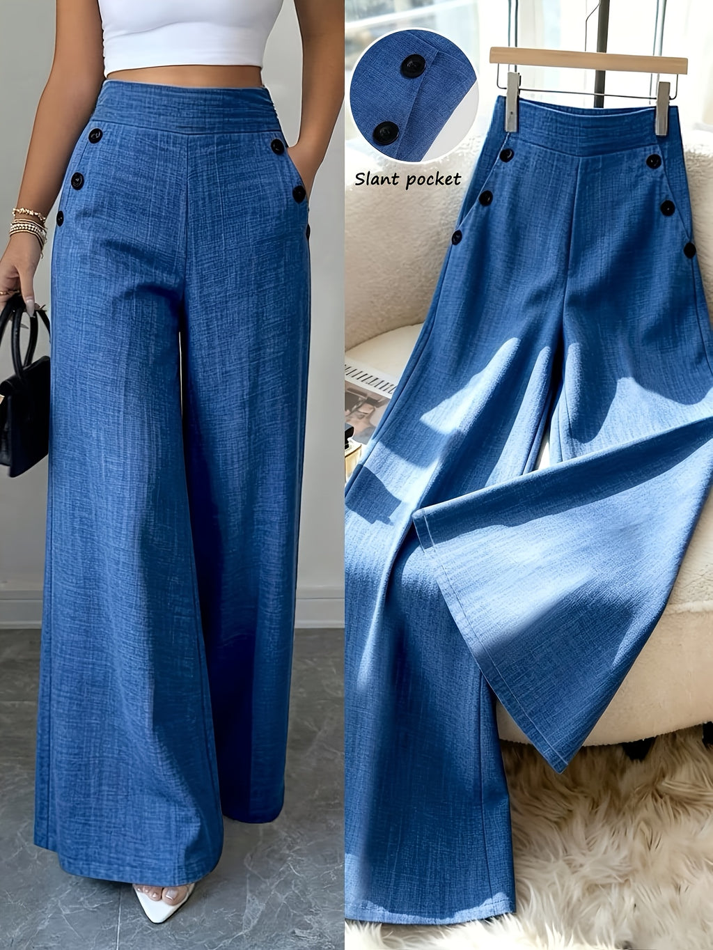 Women's Elegant Korean-Style High-Waist Wide-Leg Trousers - Straight-Leg Pants with Button Pocket Design, Solid Color Suitable for Commuting, Office, Casual Wear, All-Season Machine Washable Wide Pants (No Transparency) - Blue