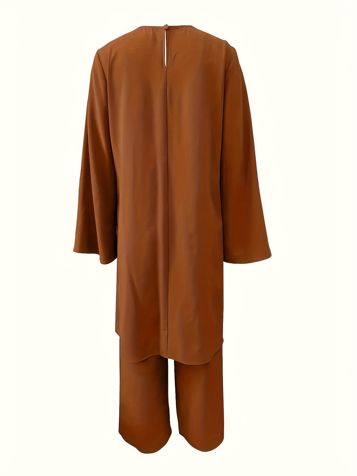 720# Solid Color Spring And Summer Muslim Two-Piece Outfit, Round Neck Sequin Long-Sleeve Top And Loose-Fit Trousers Casual Ensemble - Rust