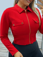 Women's Slim-Fit Lapel Zip Casual Solid Long Sleeve Shirt - Red