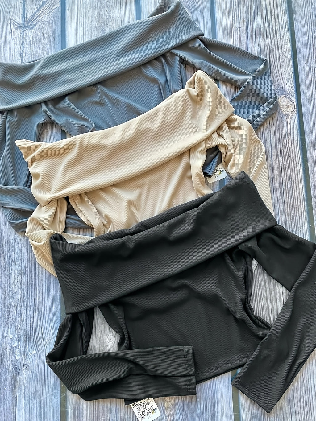 Off-the-Shoulder Long Sleeve Top 3pcs Set, Solid Color Fold-Over Off-Shoulder Crop Base Layer, Figure-Hugging Hot Long Sleeve T-Shirt. Soft Stretchy Fabric, Highlights Shoulder and Neck Lines, Waist-Defining Cut, Multi-Color Combination Set - Dark Gray + Oatmeal + Black