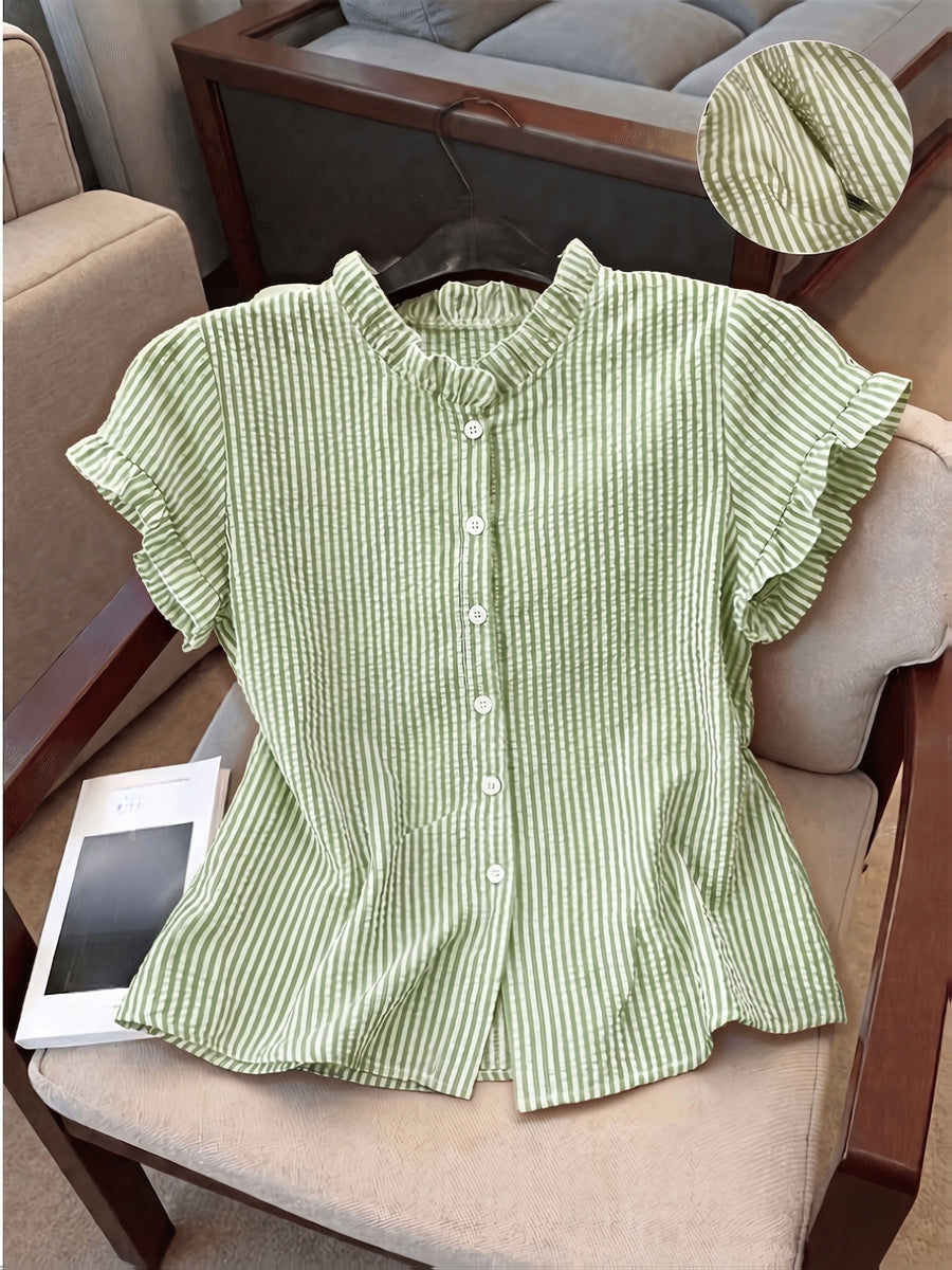 Women's Ruffle Collar Short Sleeve Single-Breasted Striped Shirt, Summer - Army Green