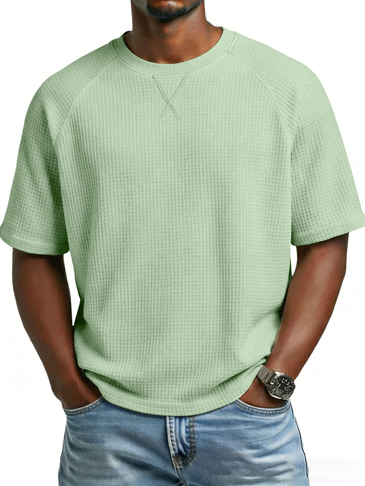 Men'S 2 pc Waffle Knit T Shirts Short Sleeve Crew Neck, Breathable Textured Fabric Casual Tops, Lightweight Soft Comfortable Fit, Ideal for Daily Wear, Travel, Street Fashion And Warm Weather Style - Light Green + White