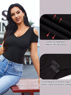 Women's Sexy Cut Cold Shoulder Top V-Neck Short Sleeve Bodysuit / Mock Turtleneck Long Sleeve Bodysuit T-Shirt - Black